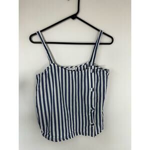 MANGO Blue & White Striped Button-Detail Tank
